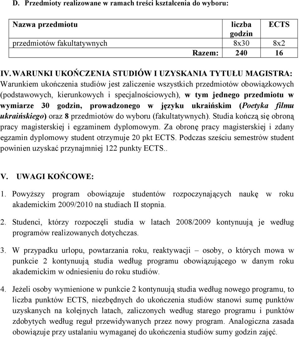 jednego przedmiotu w wymiarze 30, prowadzonego w języku ukraińskim (Poetyka filmu ukraińskiego) oraz 8 przedmiotów do wyboru (fakultatywnych).