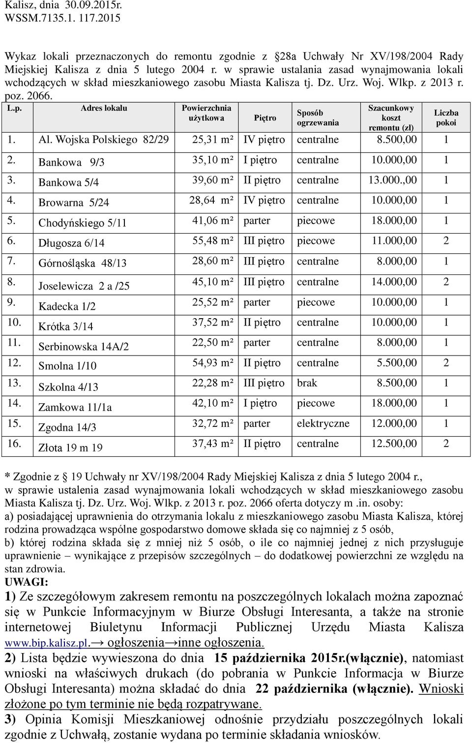 Al. Wojska Polskiego 82/29 25,31 m² IV piętro centralne 8.500,00 1 2. Bankowa 9/3 35,10 m² I piętro centralne 10.000,00 1 3. Bankowa 5/4 39,60 m² II piętro centralne 13.000.,00 1 4.