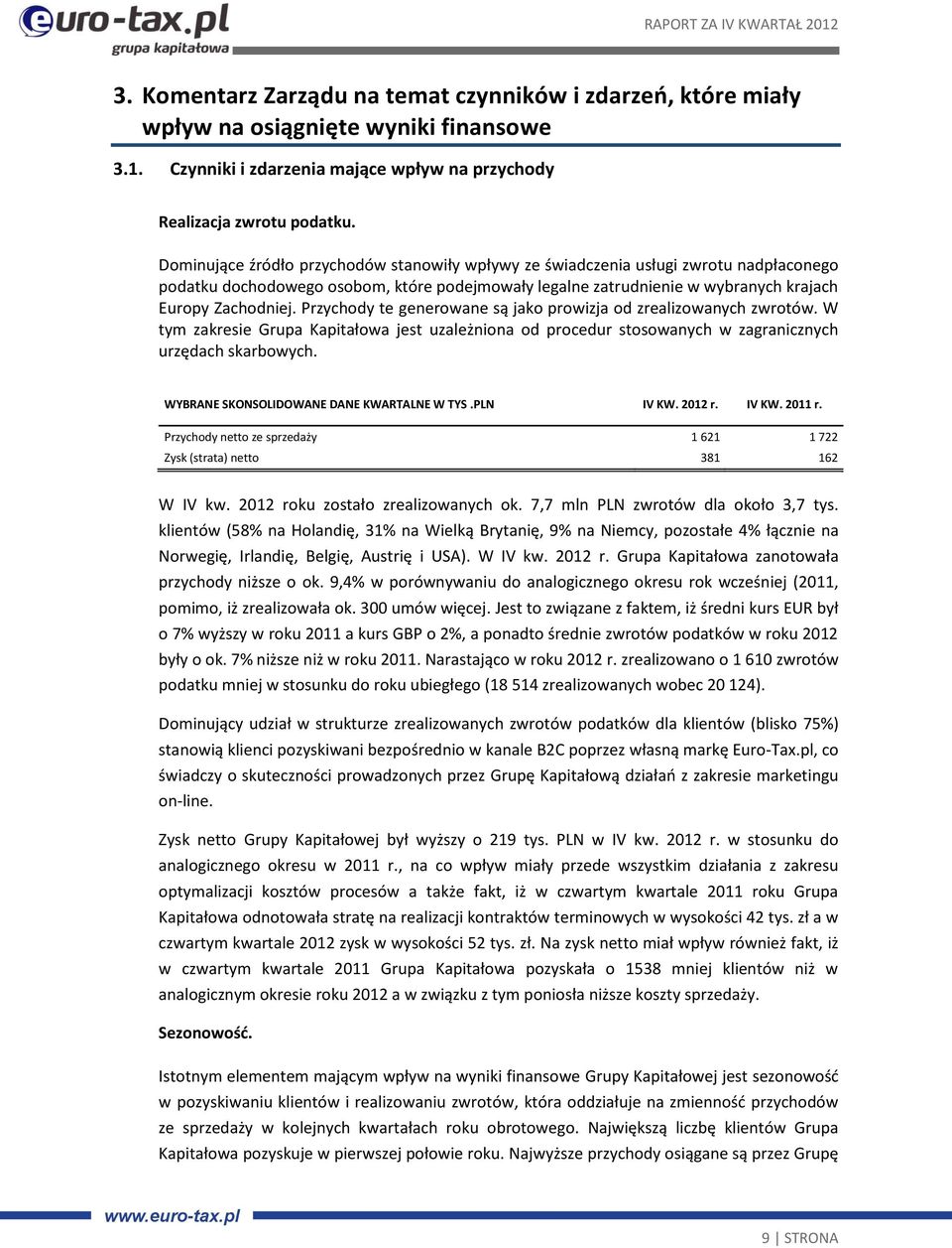 Przychody te generowane są jako prowizja od zrealizowanych zwrotów. W tym zakresie Grupa Kapitałowa jest uzależniona od procedur stosowanych w zagranicznych urzędach skarbowych.