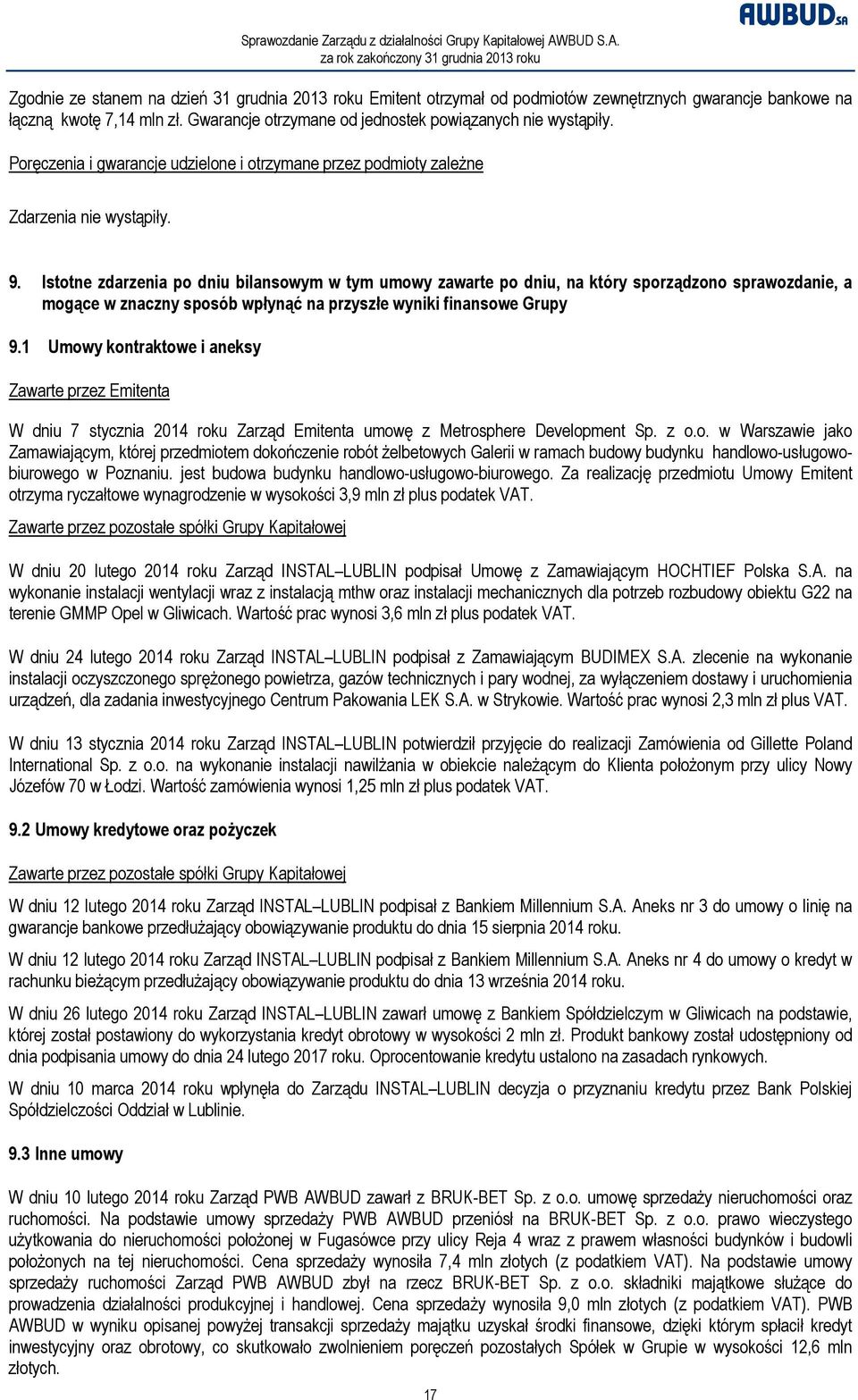 Istotne zdarzenia po dniu bilansowym w tym umowy zawarte po dniu, na który sporządzono sprawozdanie, a mogące w znaczny sposób wpłynąć na przyszłe wyniki finansowe Grupy 9.