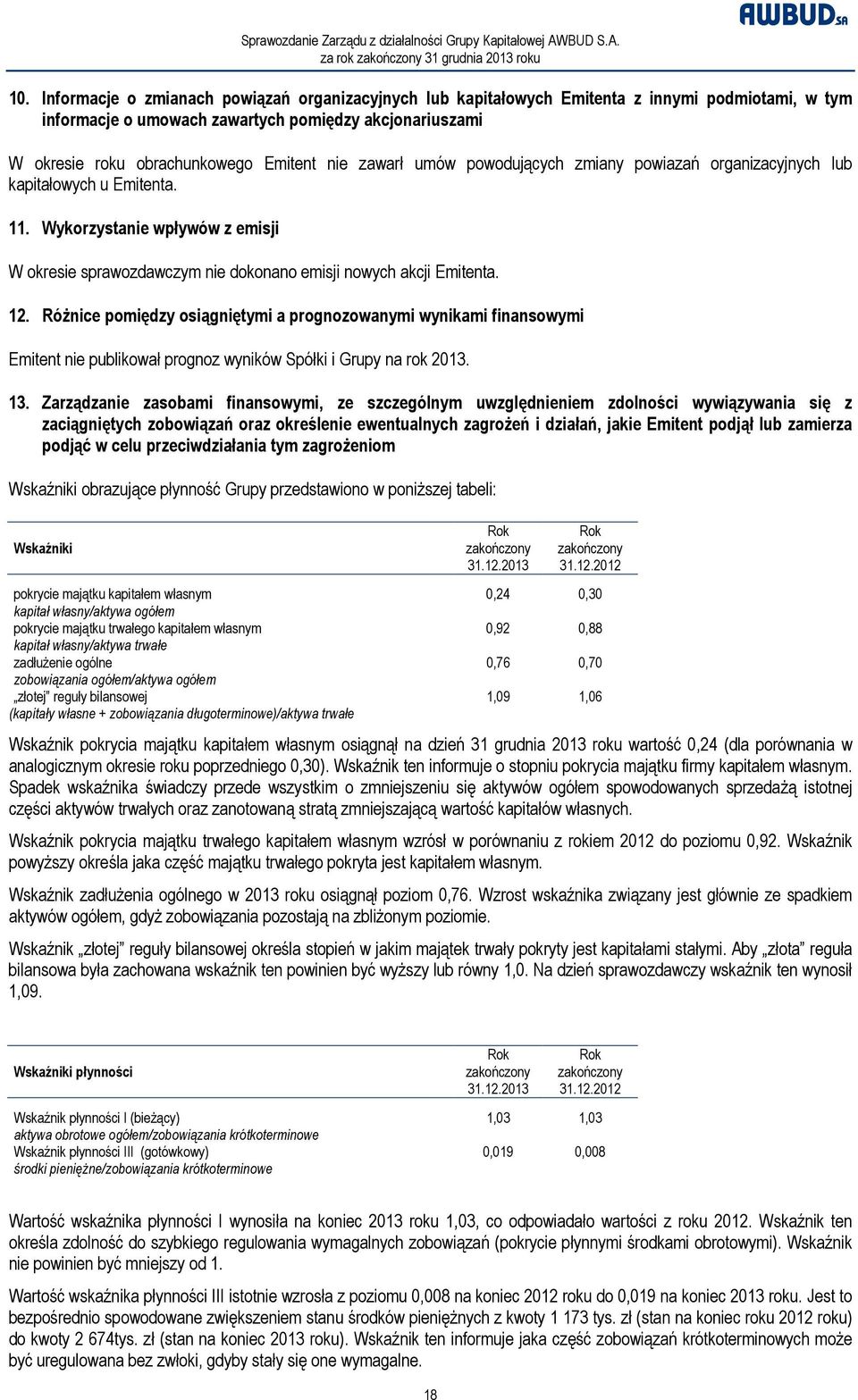 Różnice pomiędzy osiągniętymi a prognozowanymi wynikami finansowymi Emitent nie publikował prognoz wyników Spółki i Grupy na rok 2013. 13.