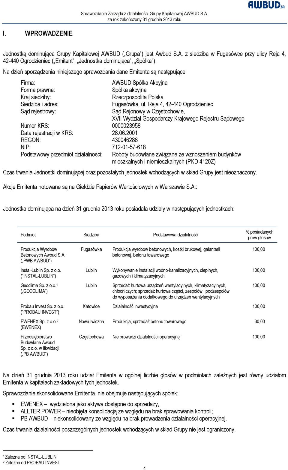 rejestrowy: Numer KRS: 0000023958 Data rejestracji w KRS: 28.06.2001 REGON: 430046288 NIP: 712-01-57-618 Podstawowy przedmiot działalności: Fugasówka, ul.