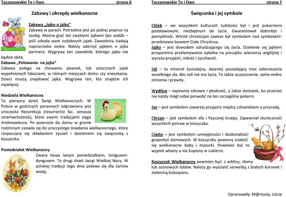 Wygrywa ten zawodnik, którego jajko nie będzie zbite. Zabawa Polowanie na jajka Zabawa polega na chowaniu pisanek, lub sztucznych jajek wypełnionych łakociami, w różnych miejscach domu czy mieszkania.