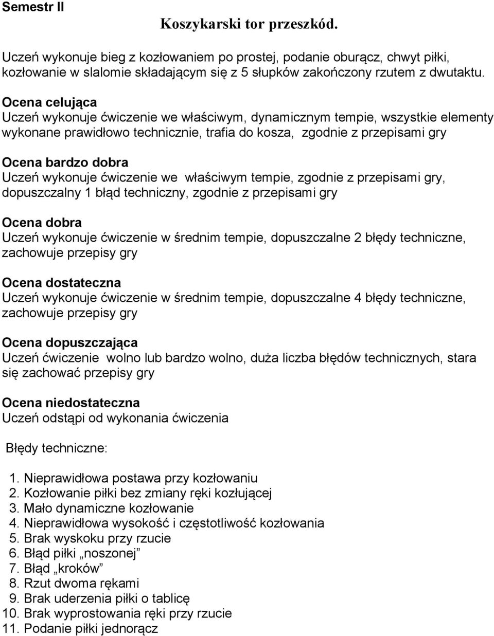 zgodnie z przepisami gry, dopuszczalny 1 błąd techniczny, zgodnie z przepisami gry Uczeń wykonuje ćwiczenie w średnim tempie, dopuszczalne 2 błędy techniczne, zachowuje przepisy gry Uczeń wykonuje