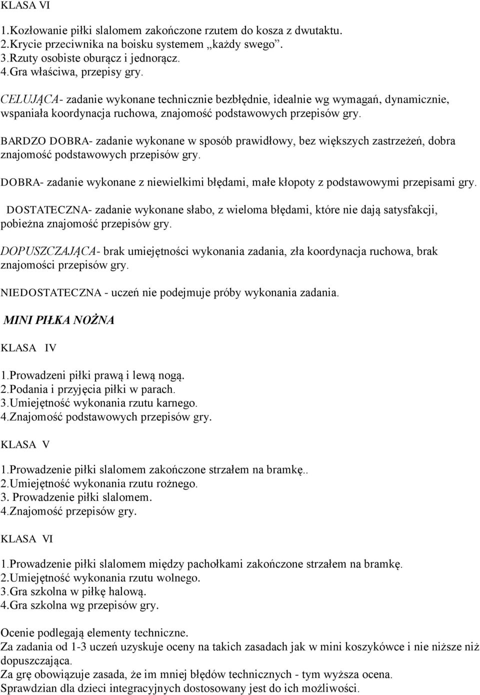 BARDZO DOBRA- zadanie wykonane w sposób prawidłowy, bez większych zastrzeżeń, dobra znajomość podstawowych przepisów gry.