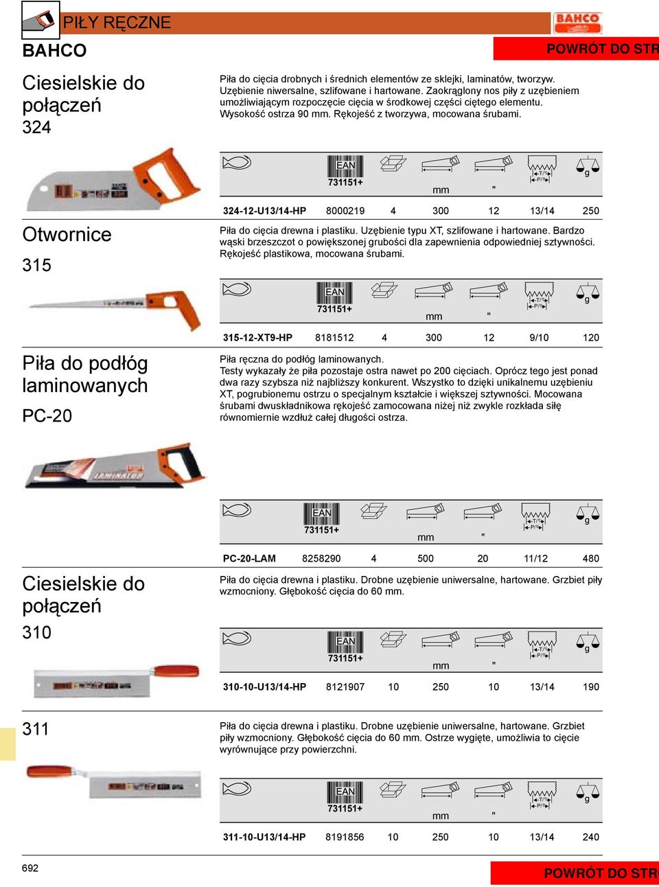 " Otwornice 315 324-12-U13/14-HP 8000219 4 300 12 13/14 250 Piła do cięcia drewna i plastiku. Uzębienie typu XT, szlifowane i hartowane.