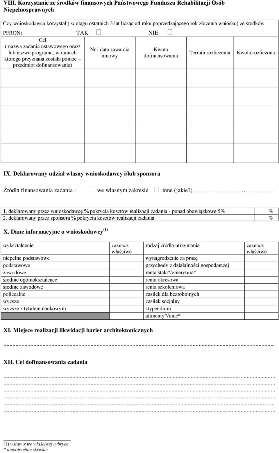 dofinansowania Termin rozliczenia Kwota rozliczona IX. Deklarowany udział własny wnioskodawcy i/lub sponsora Źródła finansowania zadania : we własnym zakresie inne (jakie?).. 1.