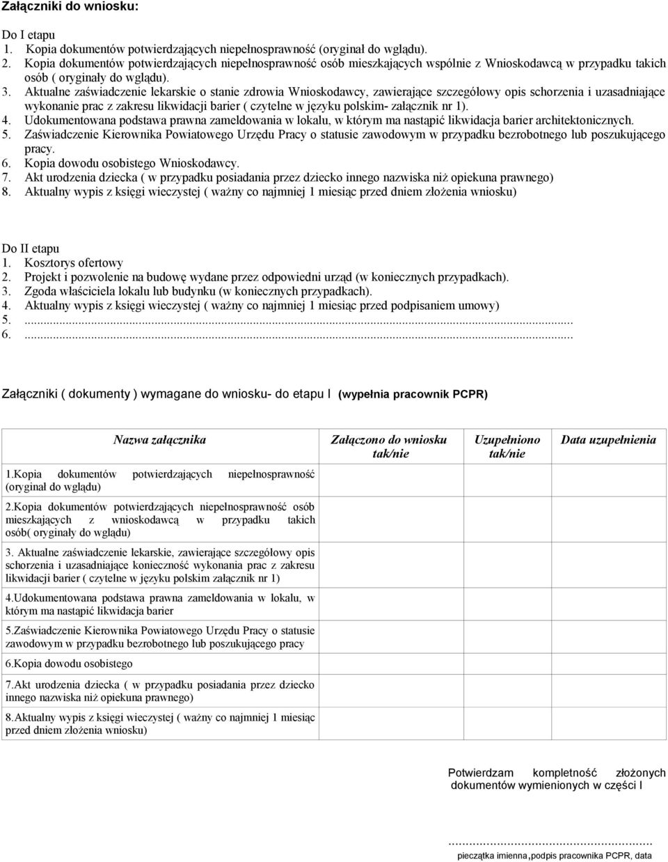 Aktualne zaświadczenie lekarskie o stanie zdrowia Wnioskodawcy, zawierające szczegółowy opis schorzenia i uzasadniające wykonanie prac z zakresu likwidacji barier ( czytelne w języku polskim-