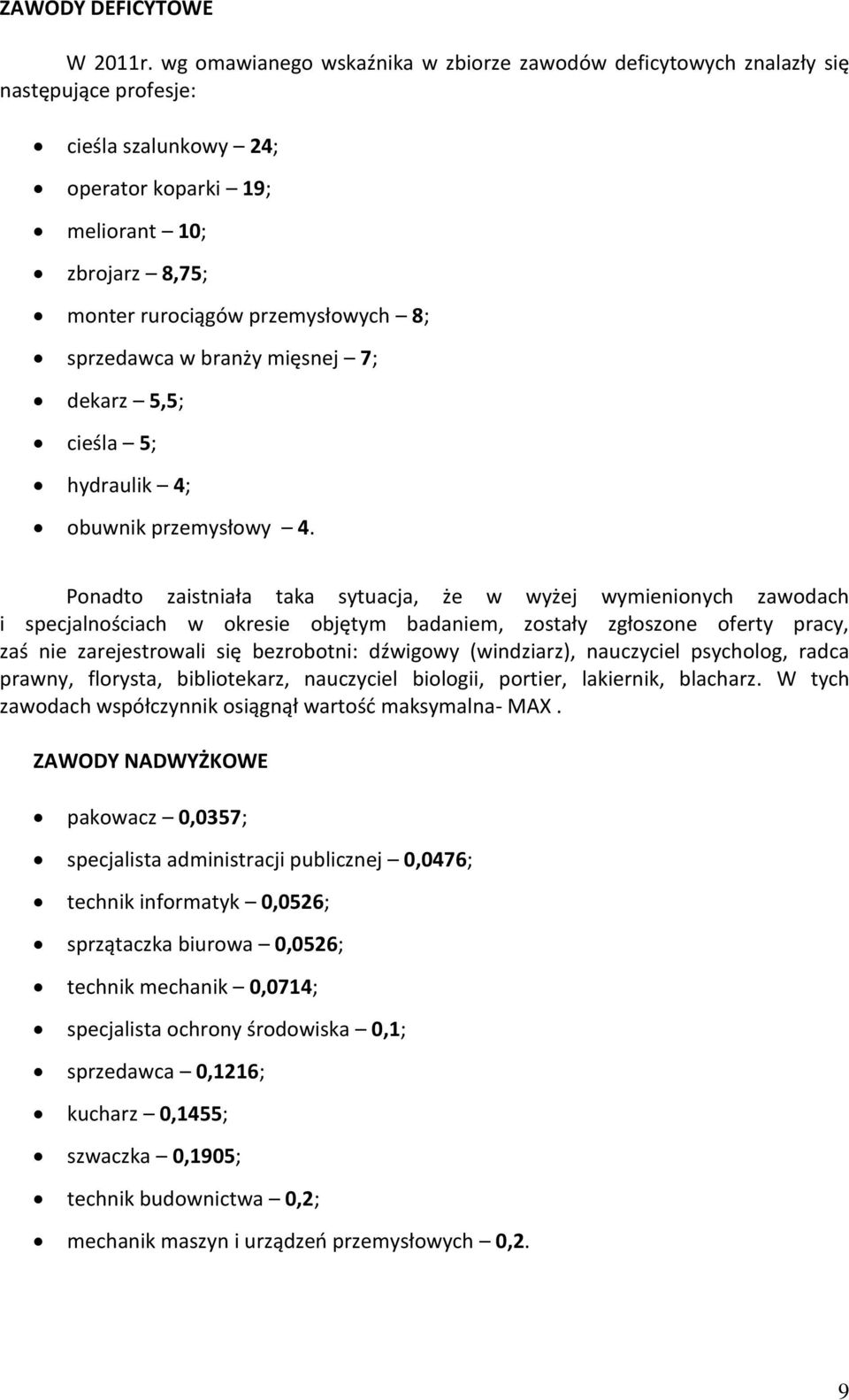 sprzedawca w branży mięsnej 7; dearz 5,5; cieśla 5; hydrauli 4; obuwni przemysłowy 4.