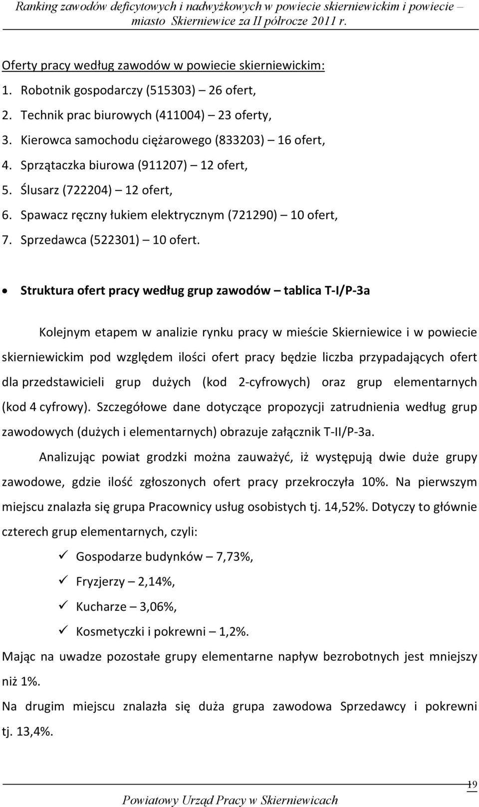 Struktura ofert pracy według grup zawodów tablica T I/P 3a Kolejnym etapem w analizie rynku pracy w mieście Skierniewice i w powiecie skierniewickim pod względem ilości ofert pracy będzie liczba