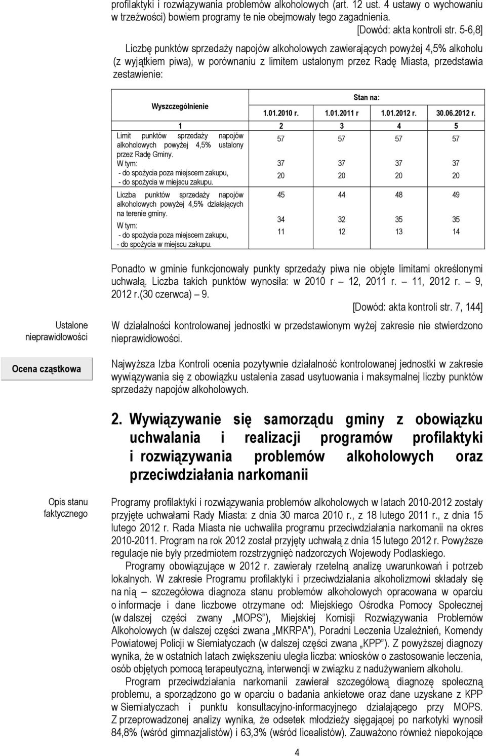 Wyszczególnienie Stan na: 1.01.2010 r. 1.01.2011 r 1.01.2012 r. 30.06.2012 r. 1 2 3 4 5 Limit punktów sprzedaŝy napojów alkoholowych powyŝej 4,5% ustalony przez Radę Gminy.