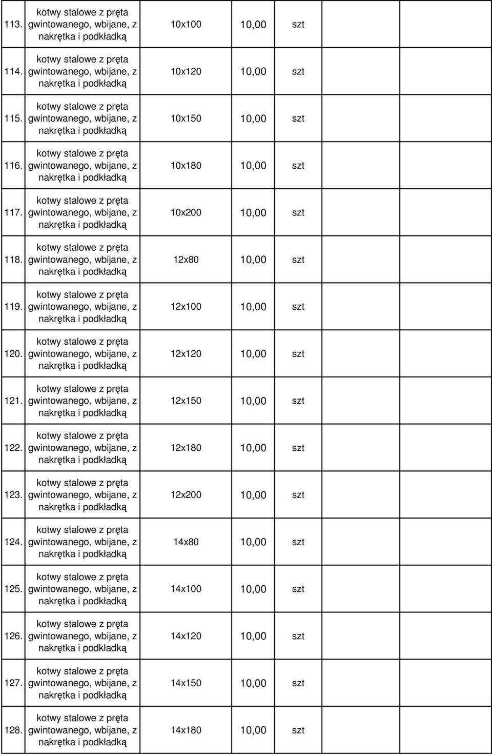 12x80 10,00 szt 12x100 10,00 szt 12x120 10,00 szt 12x150 10,00 szt 12x180 10,00 szt