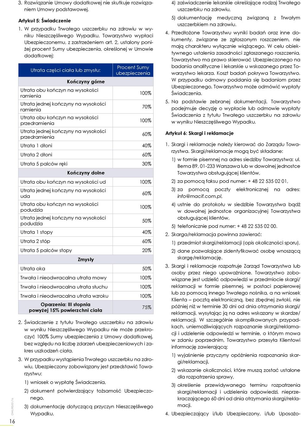 2, ustalony poniżej procent Sumy ubezpieczenia, określonej w Umowie dodatkowej: Utrata części ciała lub zmysłu: Kończyny górne Utrata obu kończyn na wysokości ramienia Utrata jednej kończyny na