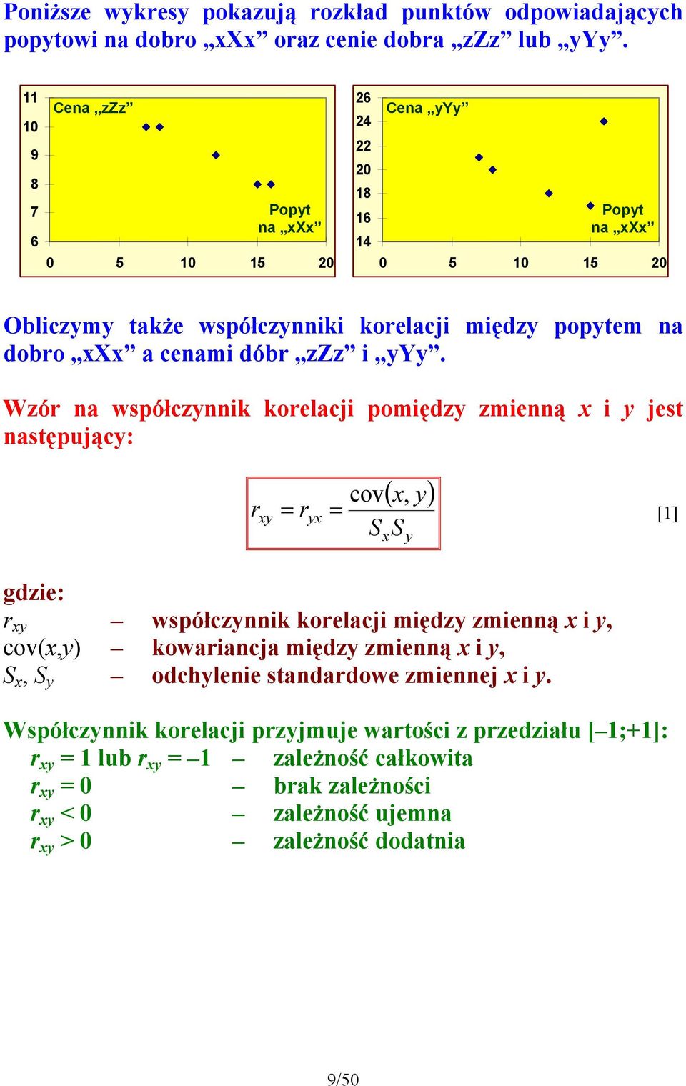 Wzór a współczik korelacji pomiędz zmieą i jes asępując: r cov (, ) r [] SS gdzie: r współczik korelacji międz zmieą i, cov(,) kowariacja