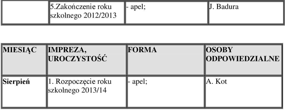 Badura MIESIĄC IMPREZA, UROCZYSTOŚĆ FORMA