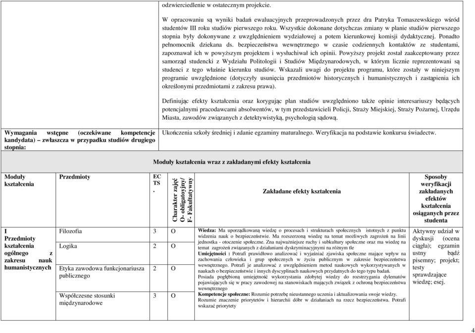 bezpieczeństwa wewnętrznego w czasie codziennych kontaktów ze studentami, zapoznawał ich w powyższym projektem i wysłuchiwał ich opinii.