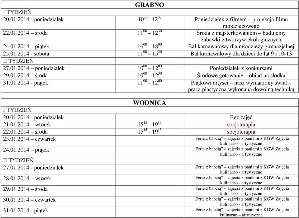 01.2014 - piątek 11 00 12 00 Piątkowi artyści nasz wymarzony świat praca plastyczna wykonana dowolną techniką WODNICA 20.01.2014 - poniedziałek Bez zajęć 21.01.2014 wtorek 15 15-19 15 socjoterapia 22.