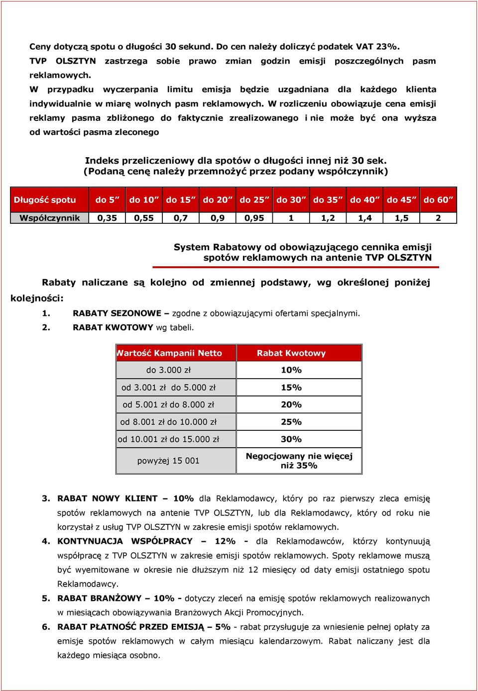 W rozliczeniu obowiązuje cena emisji reklamy pasma zbliżonego do faktycznie zrealizowanego i nie może być ona wyższa od wartości pasma zleconego Indeks przeliczeniowy dla spotów o długości innej niż