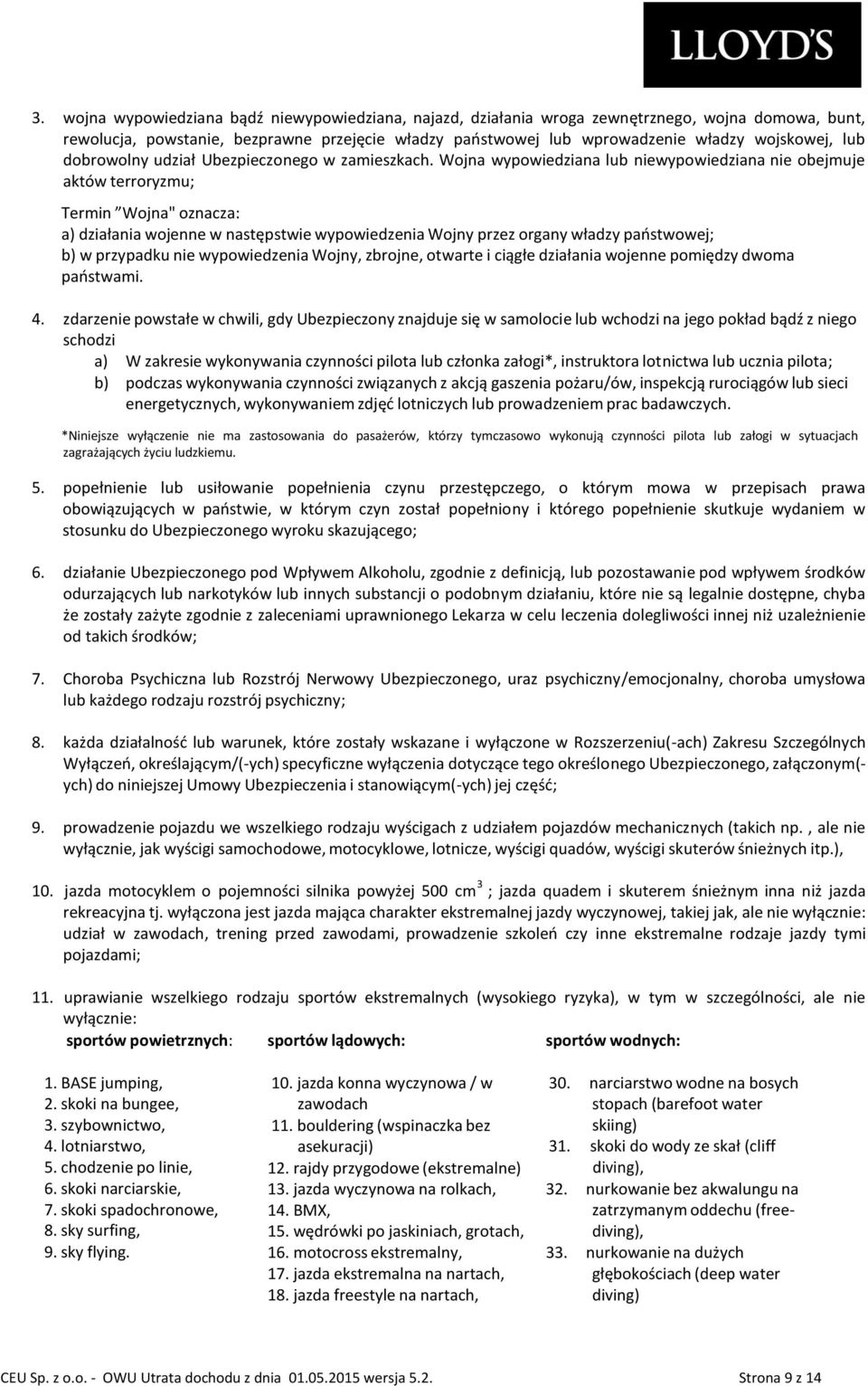 Wojna wypowiedziana lub niewypowiedziana nie obejmuje aktów terroryzmu; Termin Wojna" oznacza: a) działania wojenne w następstwie wypowiedzenia Wojny przez organy władzy państwowej; b) w przypadku