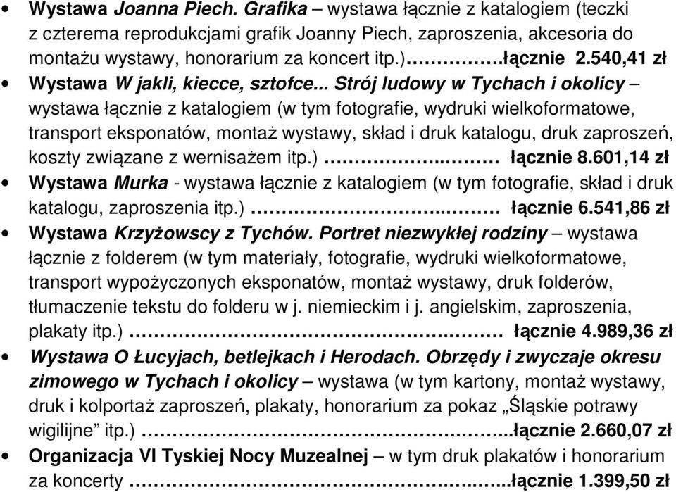 .. Strój ludowy w Tychach i okolicy wystawa łącznie z katalogiem (w tym fotografie, wydruki wielkoformatowe, transport eksponatów, montaż wystawy, skład i druk katalogu, druk zaproszeń, koszty