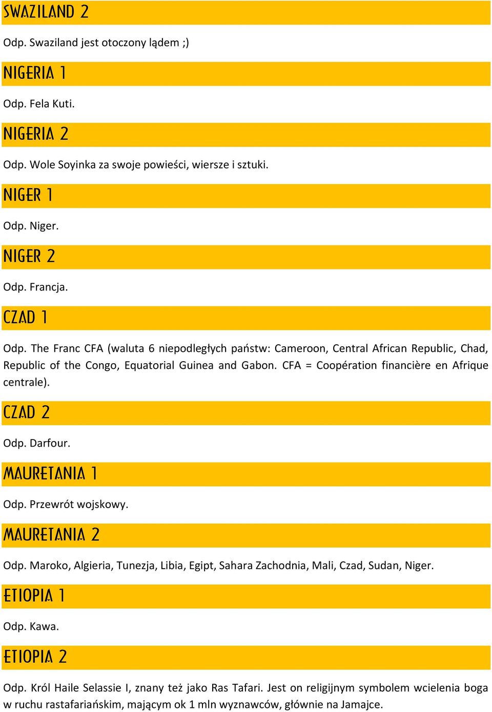 CFA = Coopération financière en Afrique centrale). CZAD 2 Odp. Darfour. MAURETANIA 1 Odp. Przewrót wojskowy. MAURETANIA 2 Odp.