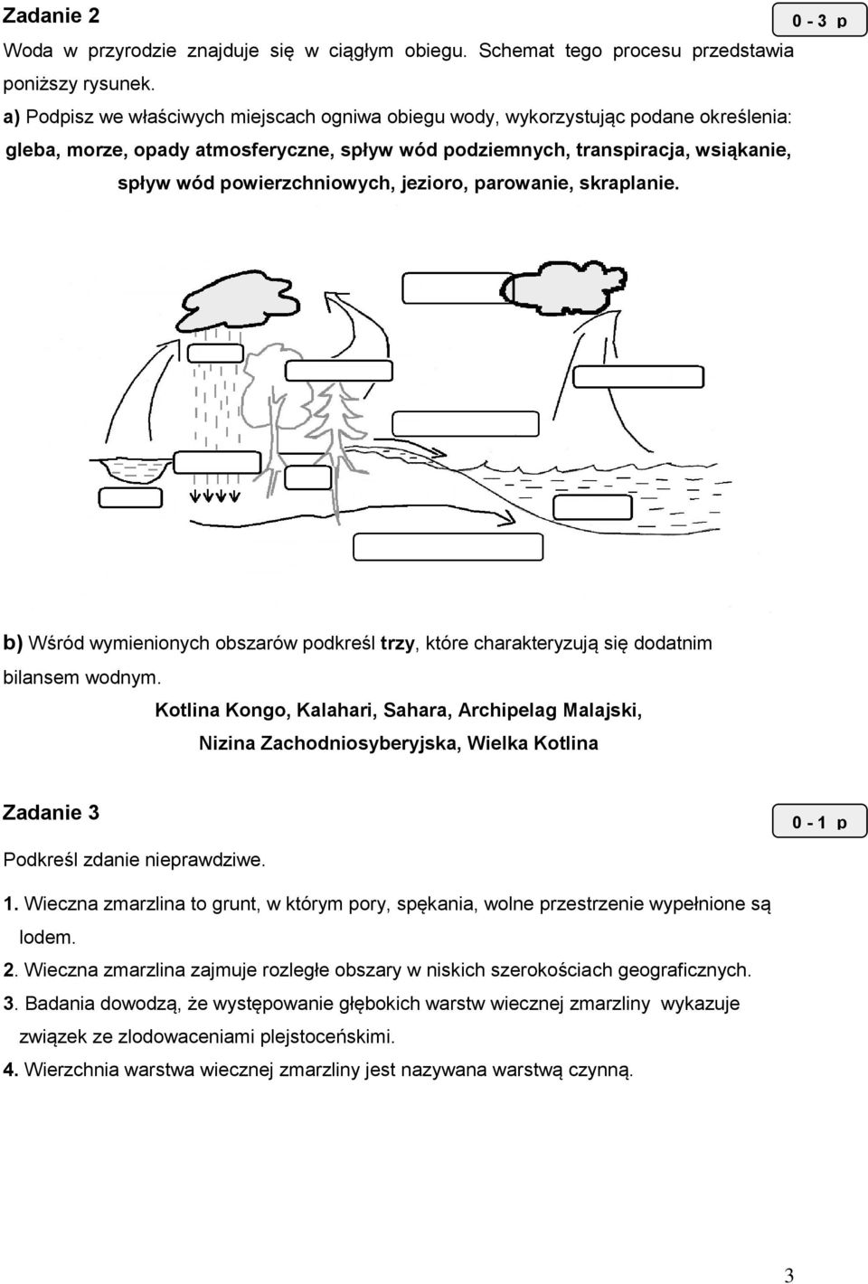 jezioro, parowanie, skraplanie. 0-3 p b) Wśród wymienionych obszarów podkreśl trzy, które charakteryzują się dodatnim bilansem wodnym.