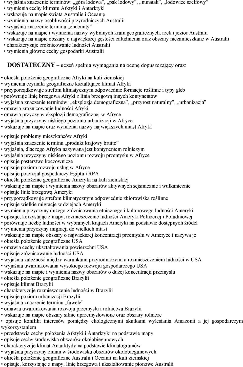 gęstości zaludnienia oraz obszary niezamieszkane w Australii charakteryzuje zróżnicowanie ludności Australii wymienia główne cechy gospodarki Australii DOSTATECZNY uczeń spełnia wymagania na ocenę