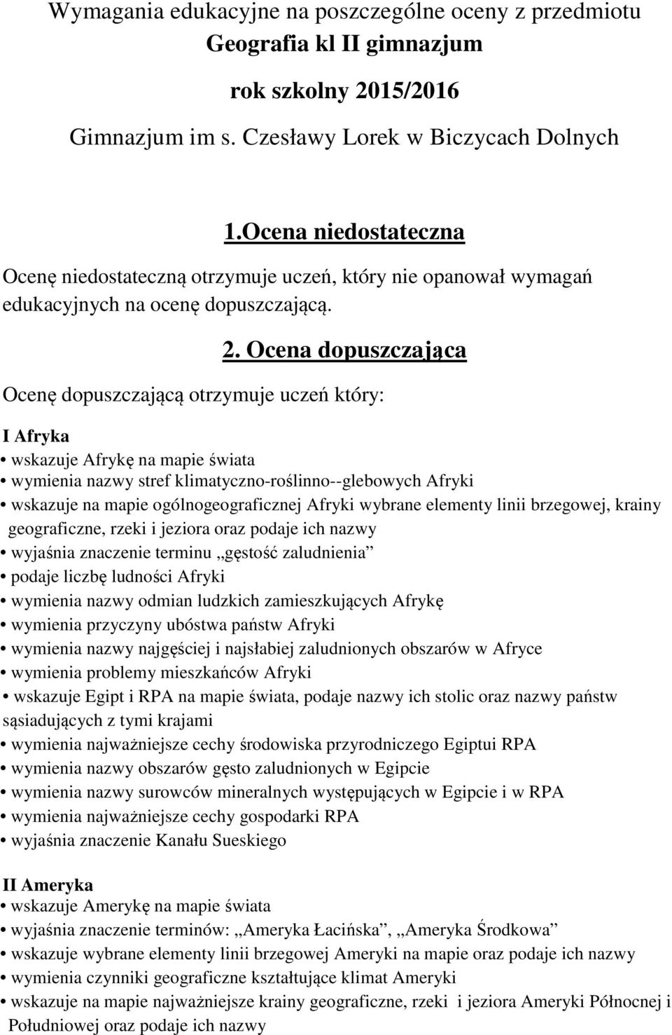 Ocena dopuszczająca Ocenę dopuszczającą otrzymuje uczeń który: I Afryka wskazuje Afrykę na mapie świata wymienia nazwy stref klimatyczno-roślinno--glebowych Afryki wskazuje na mapie