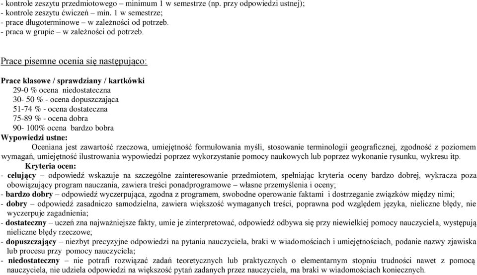 Prace pisemne ocenia się następująco: Prace klasowe / sprawdziany / kartkówki 29-0 % ocena niedostateczna 30-50 % - ocena dopuszczająca 51-74 % - ocena dostateczna 75-89 % - ocena dobra 90-100% ocena