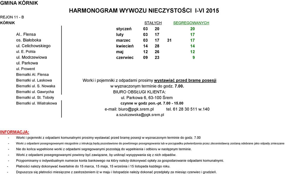 Nowaka w wyznaczonym terminie do godz. 7.00. Biernatki ul. Gawrycha Biernatki ul. St. Toboły Biernatki ul. Wiatrakowa a.szulczewska@pgk.srem.