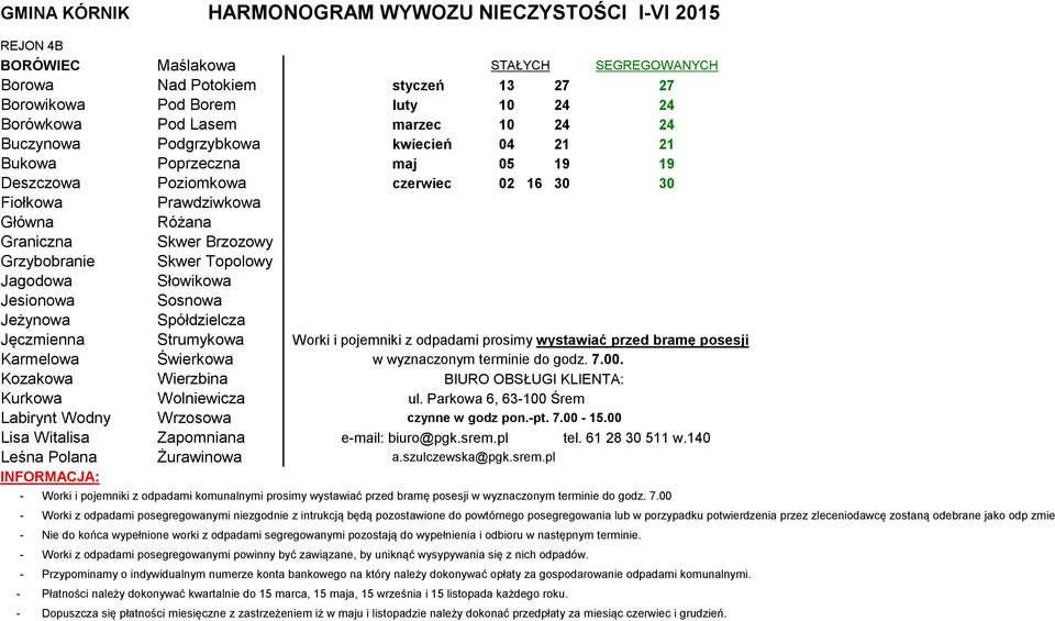 Sosnowa Jeżynowa Spółdzielcza Jęczmienna Strumykowa Karmelowa Świerkowa w wyznaczonym terminie do godz. 7.00.