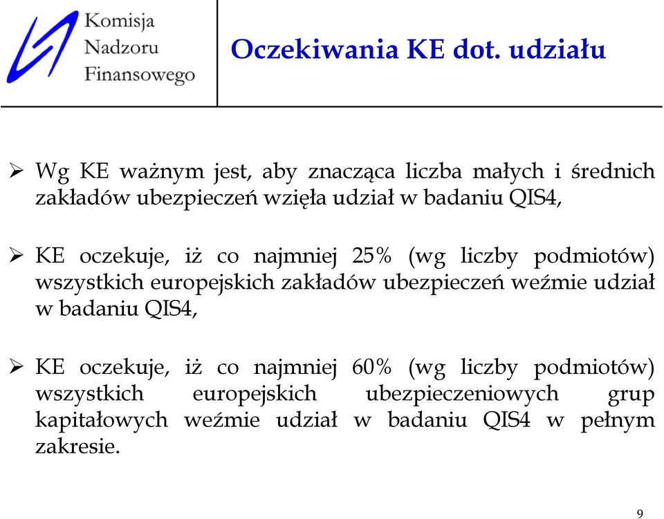 badaniu QIS4, KE oczekuje, iż co najmniej 25% (wg liczby podmiotów) wszystkich europejskich zakładów