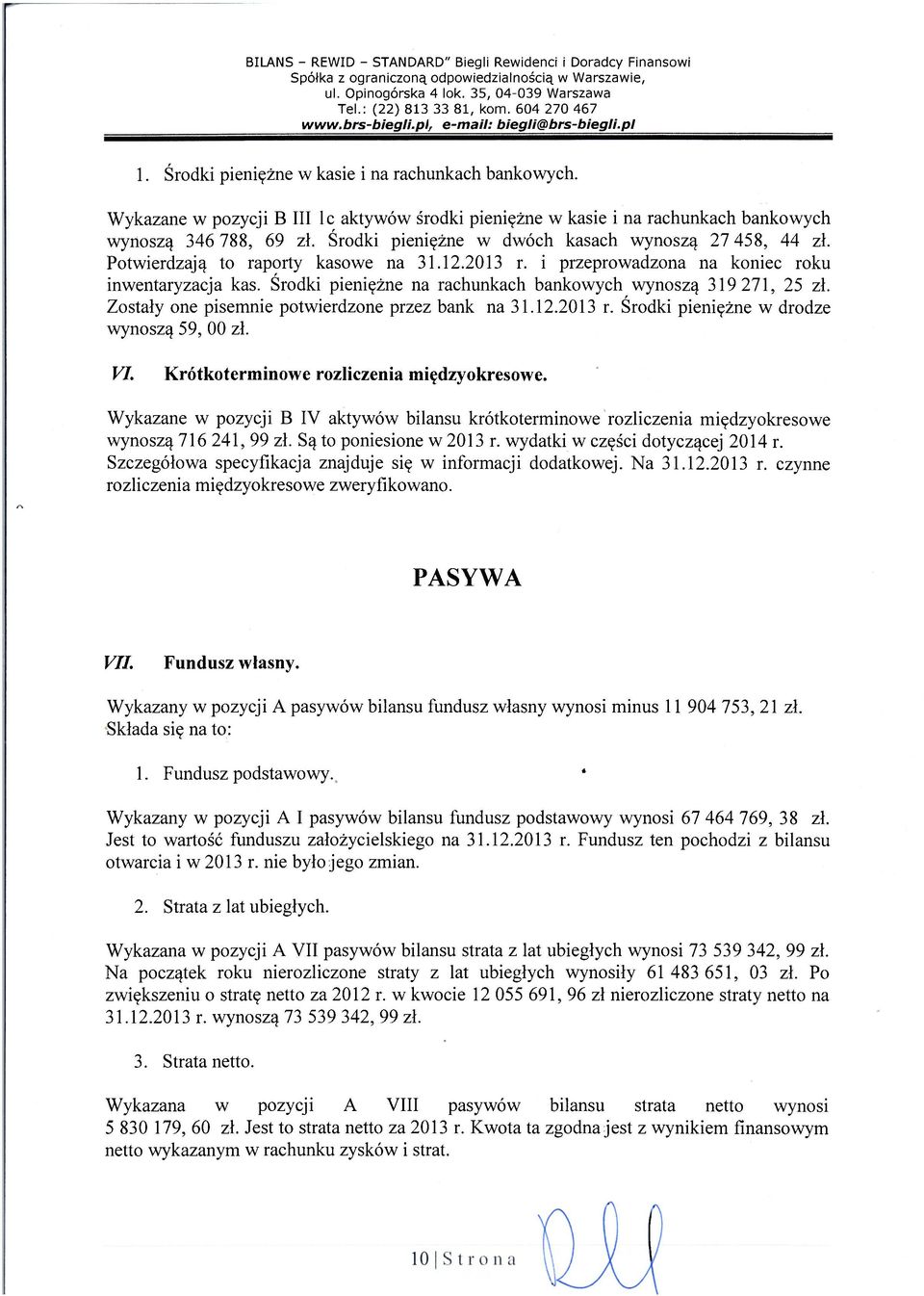 Potwierdzają to raporty kasowe na 31.12.2013 r. i przeprowadzona na koniec roku inwentaryzacja kas. Środki pieniężne na rachunkach bankowych wynoszą 319 271, 25 zł.