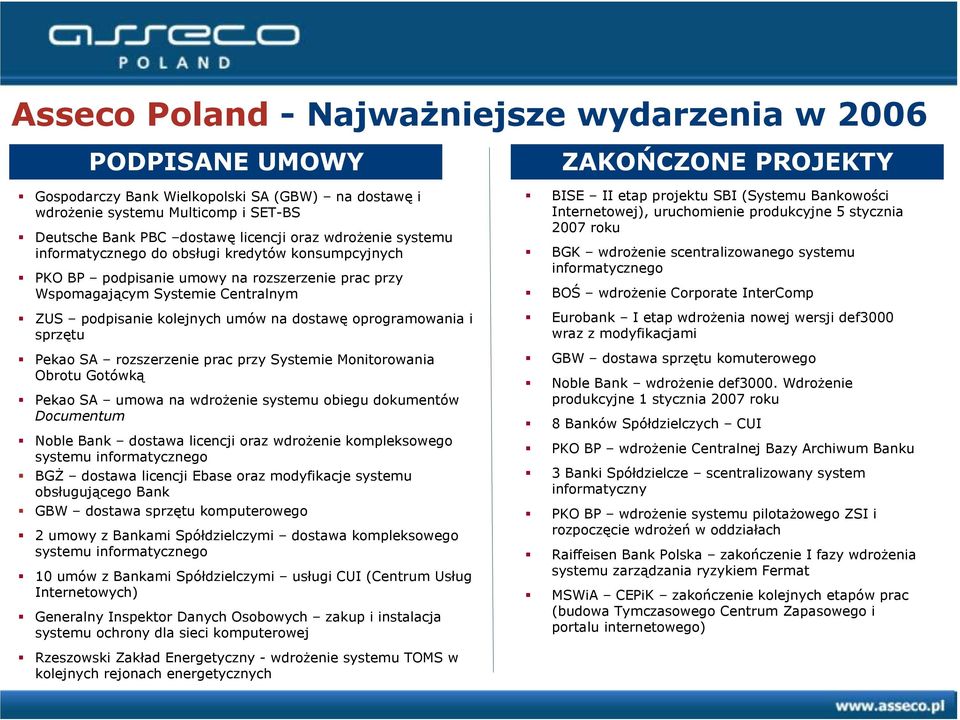 dostawę oprogramowania i sprzętu Pekao SA rozszerzenie prac przy Systemie Monitorowania Obrotu Gotówką Pekao SA umowa na wdrożenie systemu obiegu dokumentów Documentum Noble Bank dostawa licencji