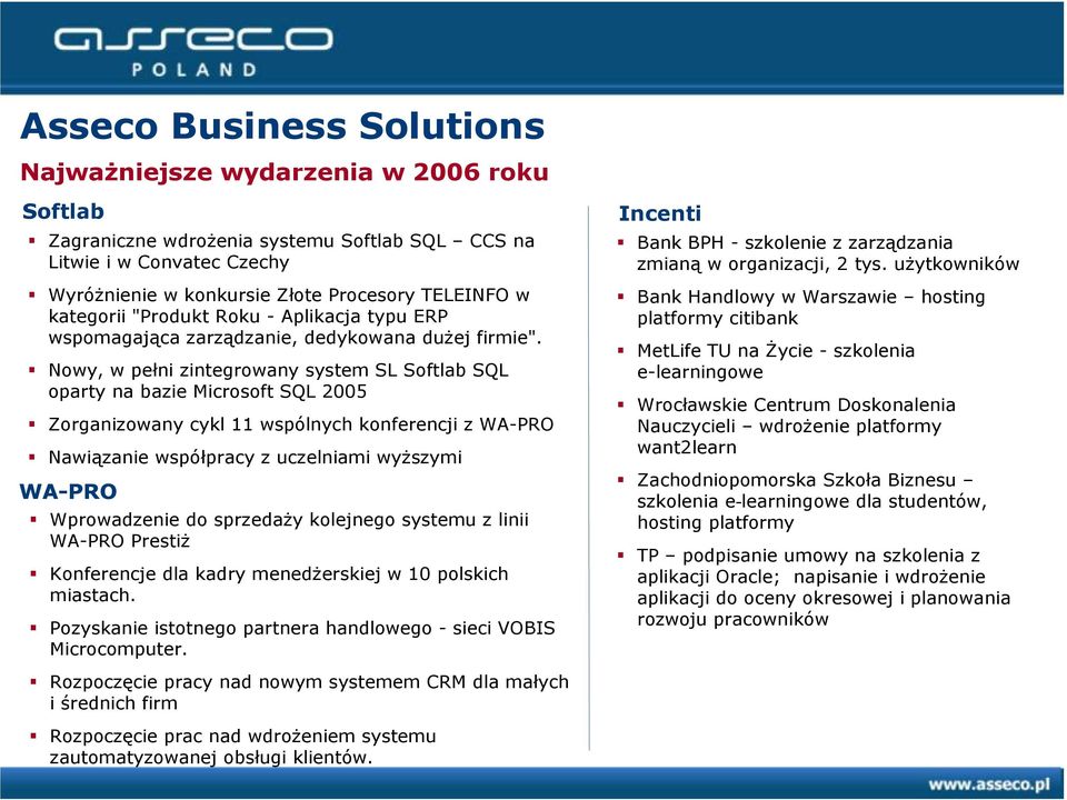 Nowy, w pełni zintegrowany system SL Softlab SQL oparty na bazie Microsoft SQL 2005 Zorganizowany cykl 11 wspólnych konferencji z WA-PRO Nawiązanie współpracy z uczelniami wyższymi WA-PRO