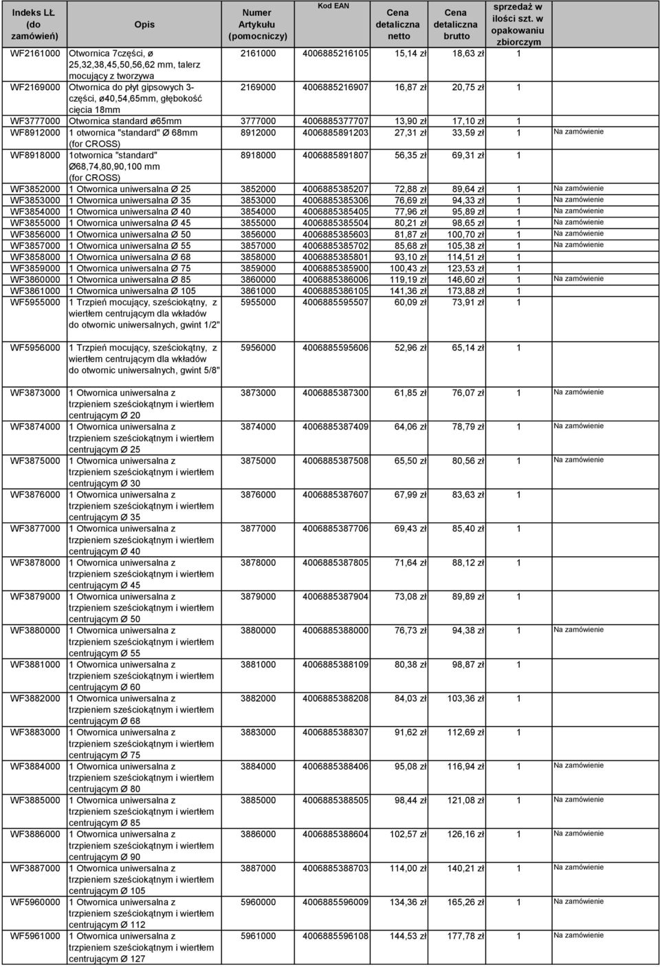 zł 33,59 zł 1 Na zamówienie (for CROSS) WF8918000 1otwornica "standard" 8918000 4006885891807 56,35 zł 69,31 zł 1 Ø68,74,80,90,100 mm (for CROSS) WF3852000 1 Otwornica uniwersalna Ø 25 3852000