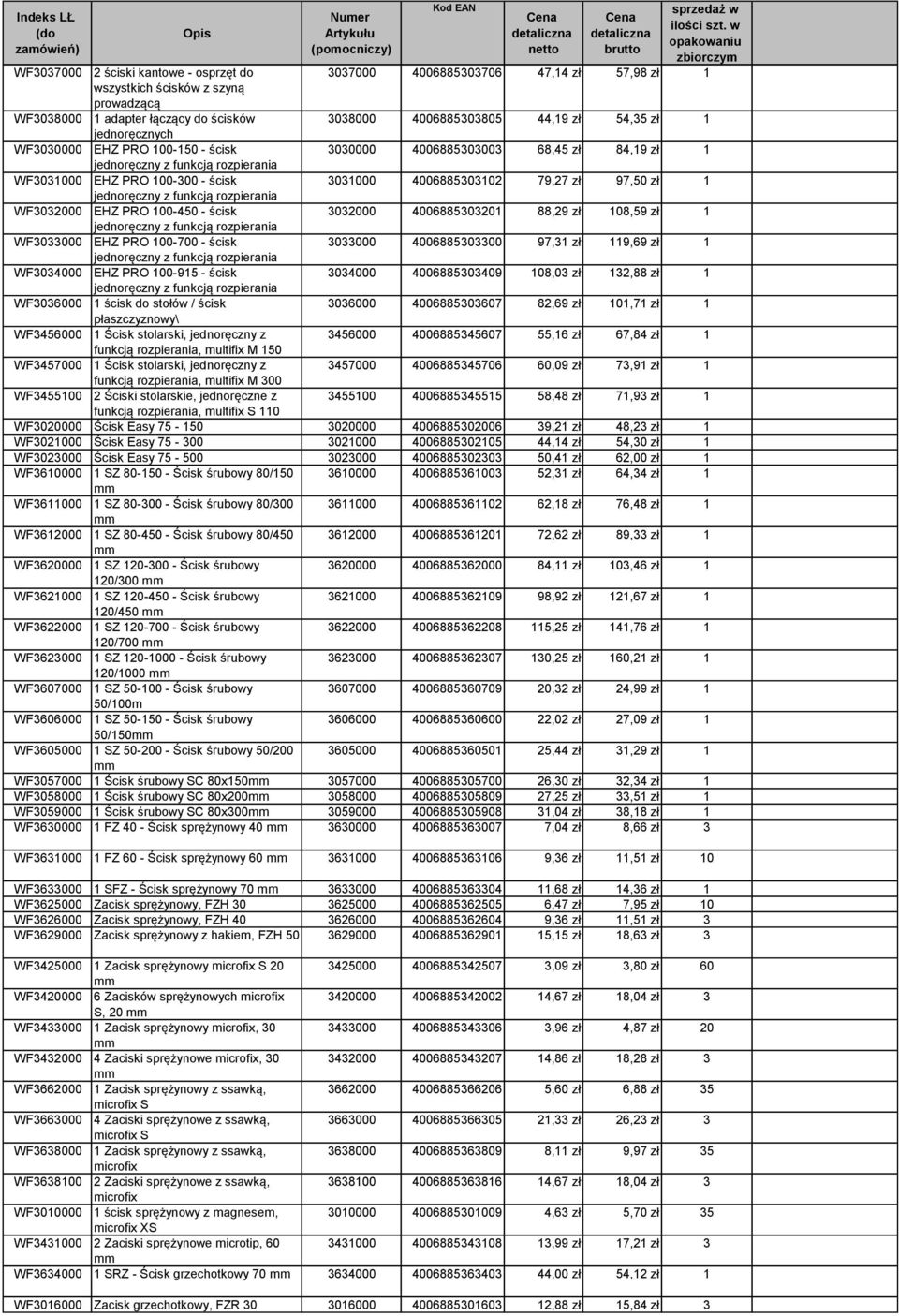 1 jednoręczny z funkcją rozpierania WF3032000 EHZ PRO 100-450 - ścisk 3032000 4006885303201 88,29 zł 108,59 zł 1 jednoręczny z funkcją rozpierania WF3033000 EHZ PRO 100-700 - ścisk 3033000