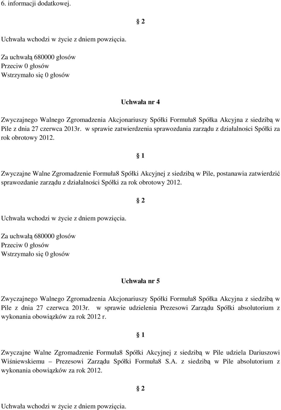 Uchwała nr 5 Pile z dnia 27 czerwca 2013r. w sprawie udzielenia Prezesowi Zarządu Spółki absolutorium z wykonania obowiązków za rok 2012 r.