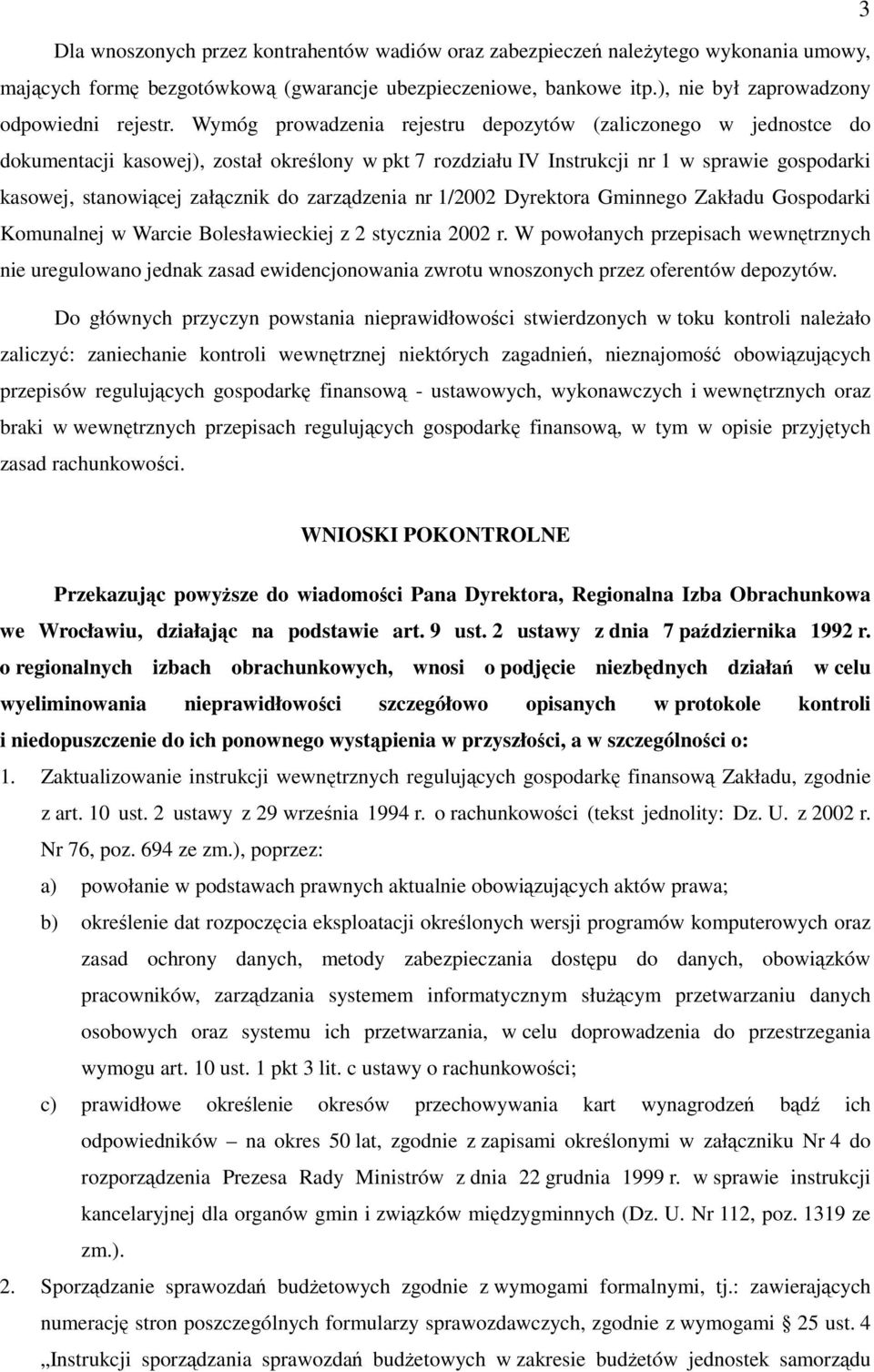 zarządzenia nr 1/2002 Dyrektora Gminnego Zakładu Gospodarki Komunalnej w Warcie Bolesławieckiej z 2 stycznia 2002 r.