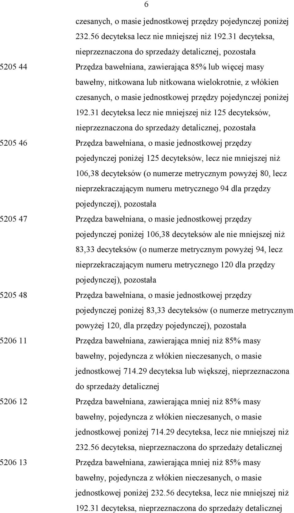 masie jednostkowej przędzy pojedynczej poniżej 192.