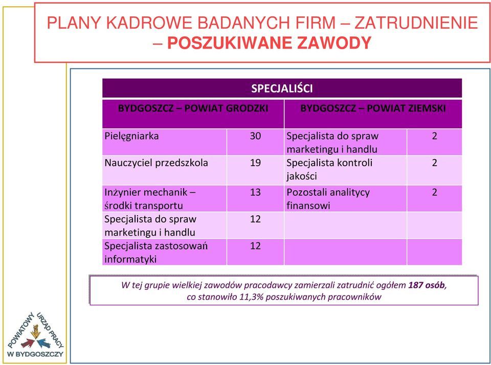 mechanik środki transportu Specjalista do spraw marketingu i handlu Specjalista zastosowań informatyki 13 Pozostali analitycy