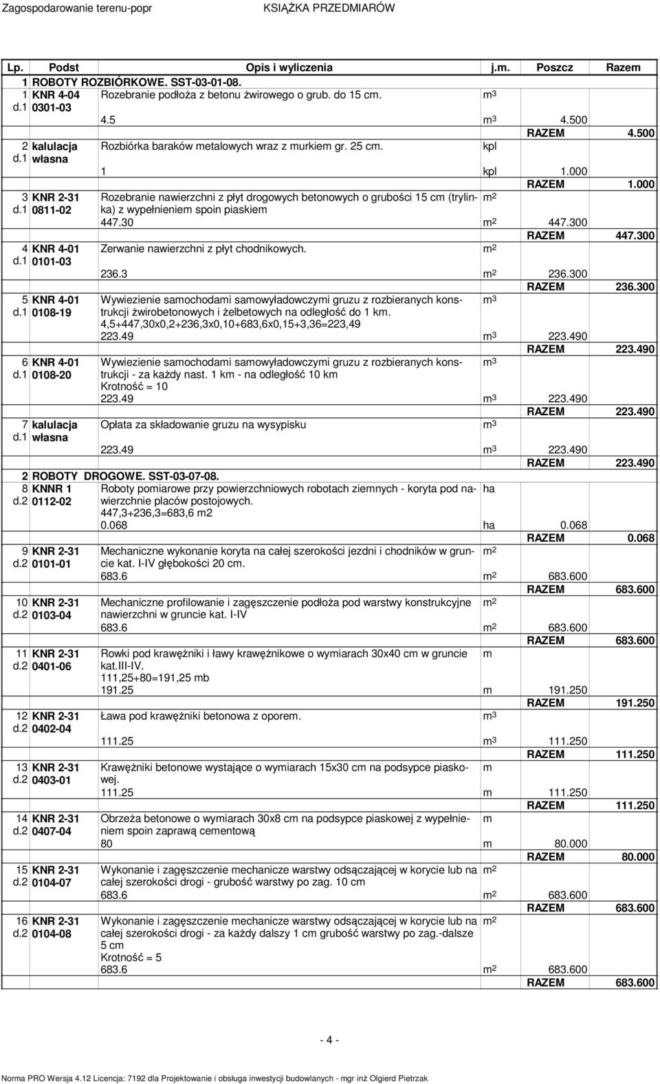 kpl RAZEM 4.500 1 kpl 1.000 Rozebranie nawierzchni z płyt drogowych betonowych o grubości 15 cm (trylinka) z wypełnieniem spoin piaskiem 447.30 447.300 RAZEM 447.