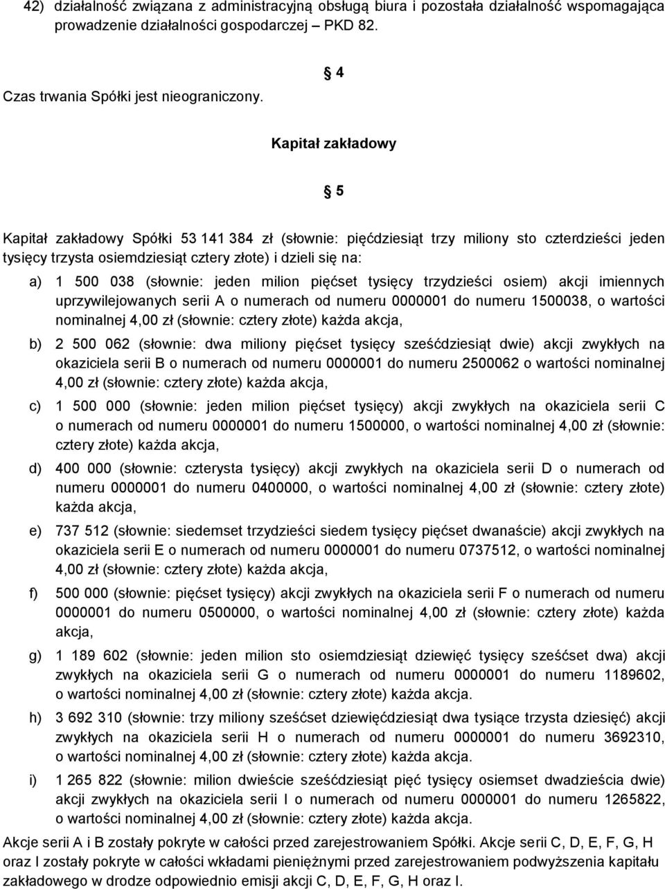 (słownie: jeden milion pięćset tysięcy trzydzieści osiem) akcji imiennych uprzywilejowanych serii A o numerach od numeru 0000001 do numeru 1500038, o wartości nominalnej 4,00 zł (słownie: cztery