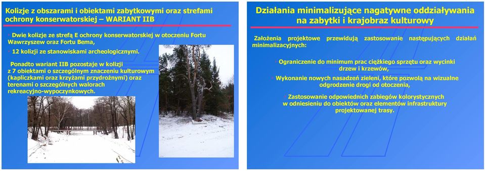 Ponadto wariant IIB pozostaje w kolizji z 7 obiektami o szczególnym znaczeniu kulturowym (kapliczkami oraz krzyżami przydrożnymi) oraz terenami o szczególnych walorach rekreacyjno-wypoczynkowych.