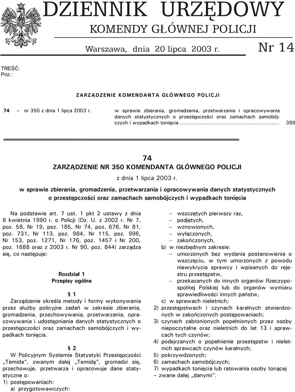 .. 389 74 ZARZĄDZENIE NR 350 KOMENDANTA GŁÓWNEGO POLICJI z dnia 1 lipca 2003 r.