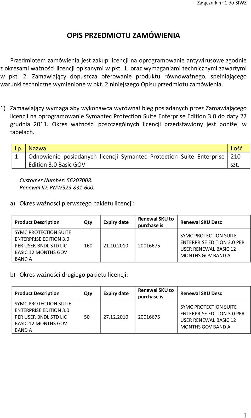 1) Zamawiający wymaga aby wykonawca wyrównał bieg posiadanych przez Zamawiającego licencji na oprogramowanie Symantec Protection Suite Enterprise Edition 3.0 do daty 27 grudnia 2011.