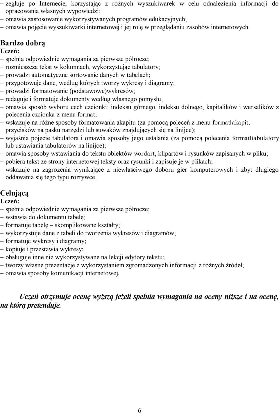 Bardzo dobrą rozmieszcza tekst w kolumnach, wykorzystując tabulatory; prowadzi automatyczne sortowanie danych w tabelach; przygotowuje dane, według których tworzy wykresy i diagramy; prowadzi