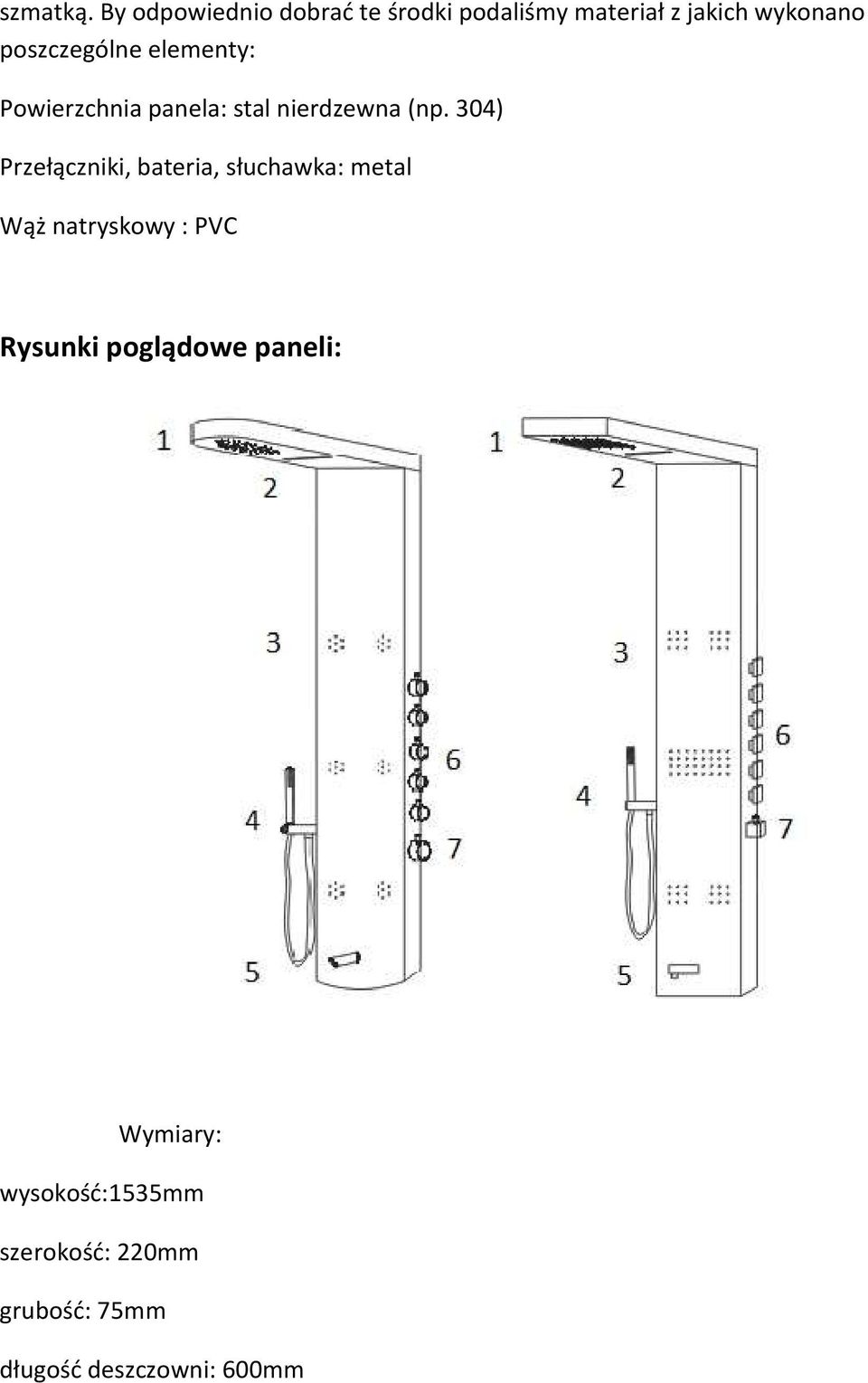 poszczególne elementy: Powierzchnia panela: stal nierdzewna (np.