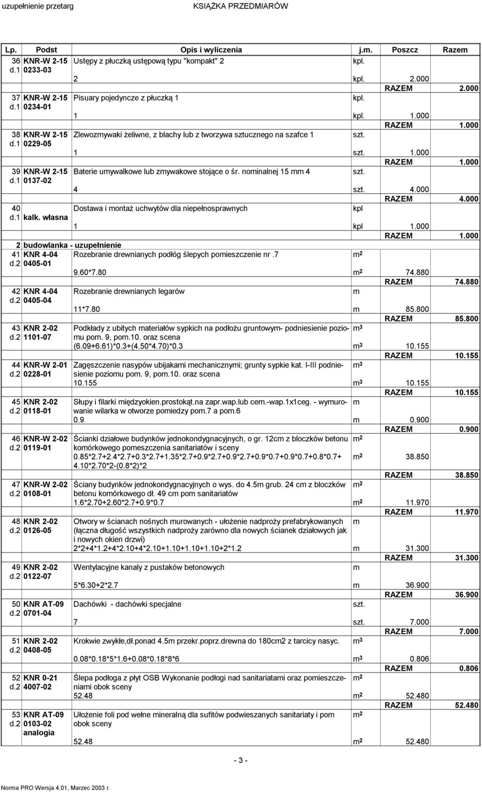 000 RAZEM 4.000 40 Dostawa i ontaż uchwytów dla niepełnosprawnych kpl d.1 kalk. własna 2 budowlanka - uzupełnienie 41 KNR 4-04 Rozebranie drewnianych podłóg ślepych poieszczenie nr.7 d.2 0405-01 9.