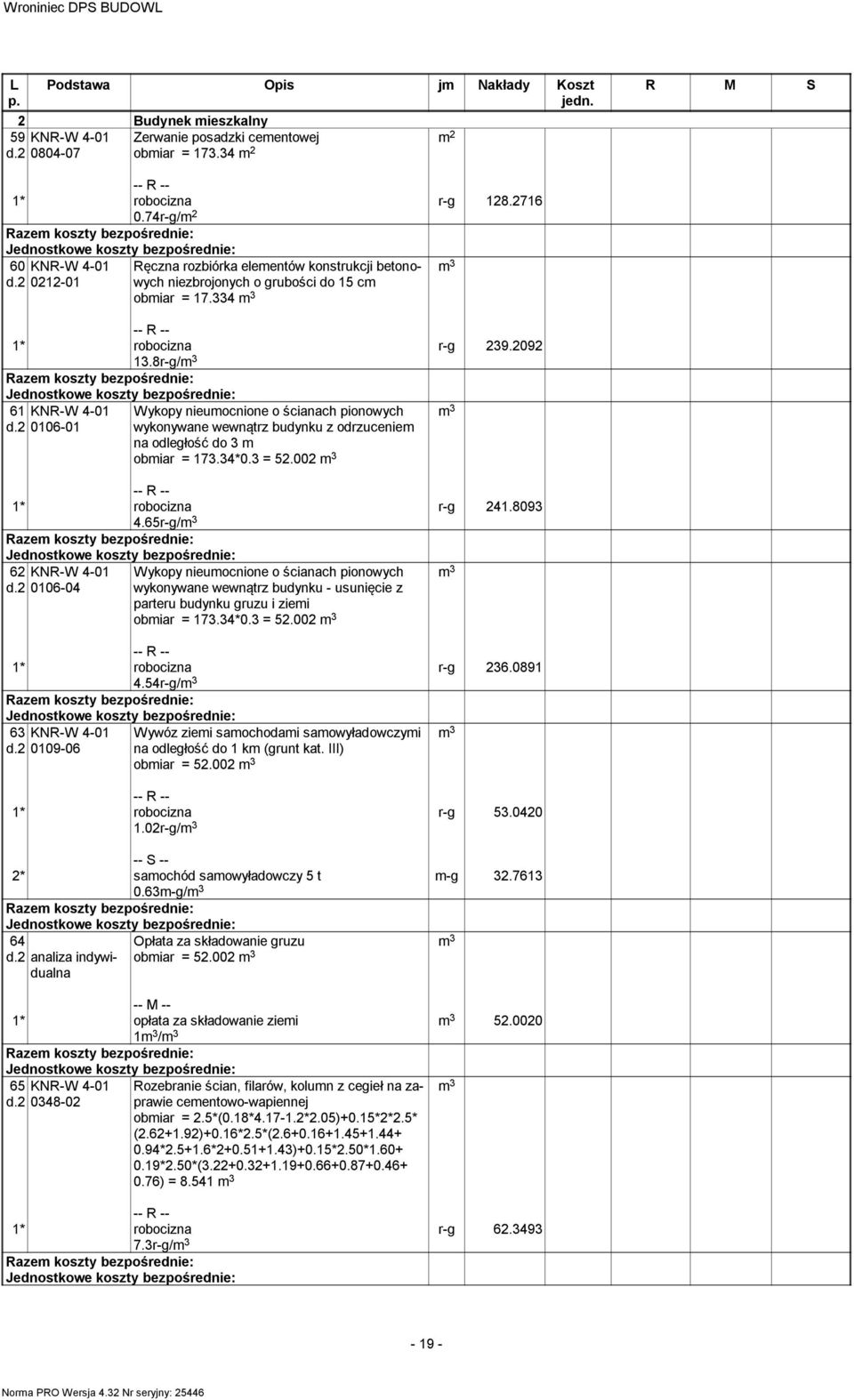 8r-g/ 61 KNR-W 4-01 0106-01 Wykopy nieumocnione o ścianach pionowych wykonywane wewnątrz budynku z odrzuceniem na odległość do 3 m obmiar = 173.34*0.3 = 52.002 r-g 241.8093 4.